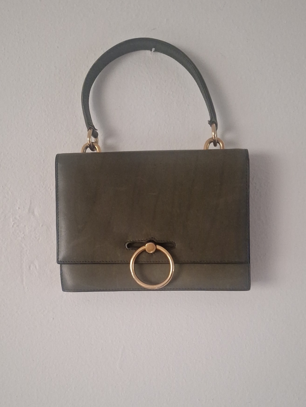Structured Olive Green Shoulder Bag with Gold Ring Accent